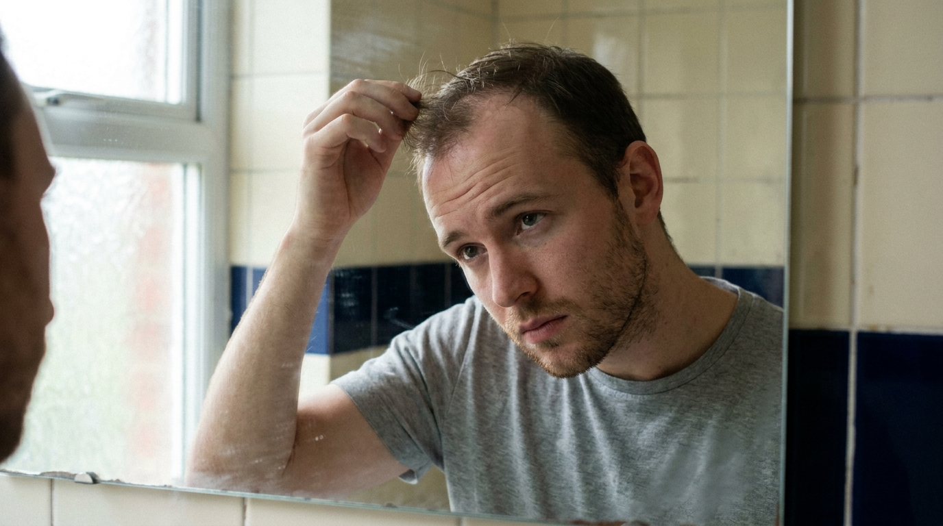 Homme d'environ 28 ans qui inspecte ses cheveux qui s'affinent devant un miroir de salle de bain