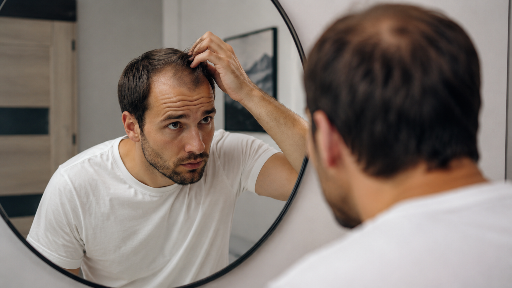 Homme observant ses golfes dégarnis dans un miroir — calvitie masculine liée à la DHT