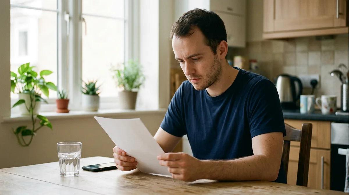 Homme d'environ 28 ans assis à sa table de cuisine, lisant sa feuille de résultats d'analyse de sang