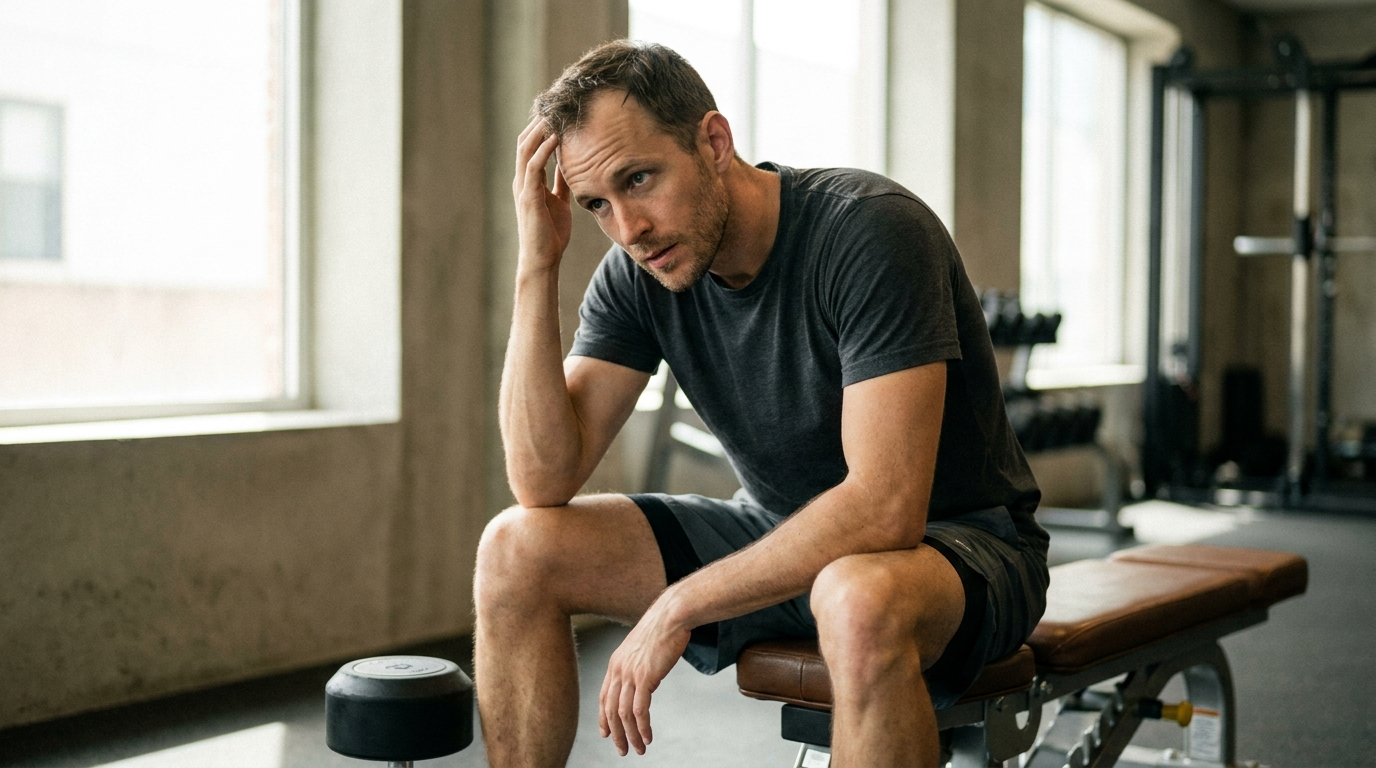 Homme musclé sur un banc de musculation, main dans les cheveux, inquiet pour sa chute de cheveux