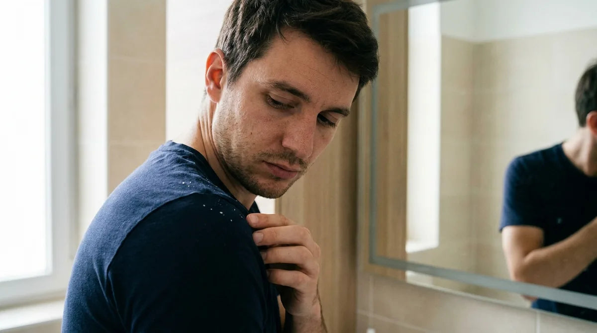Homme d'environ 28 ans devant le miroir de sa salle de bain, chassant des pellicules tombées sur l'épaule de son t-shirt bleu marine