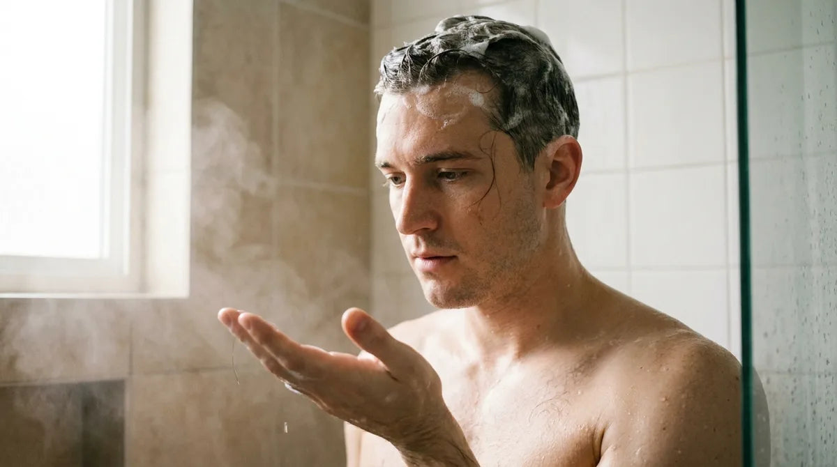 Homme sous la douche avec de la mousse de shampoing, observant les cheveux tombés dans sa paume