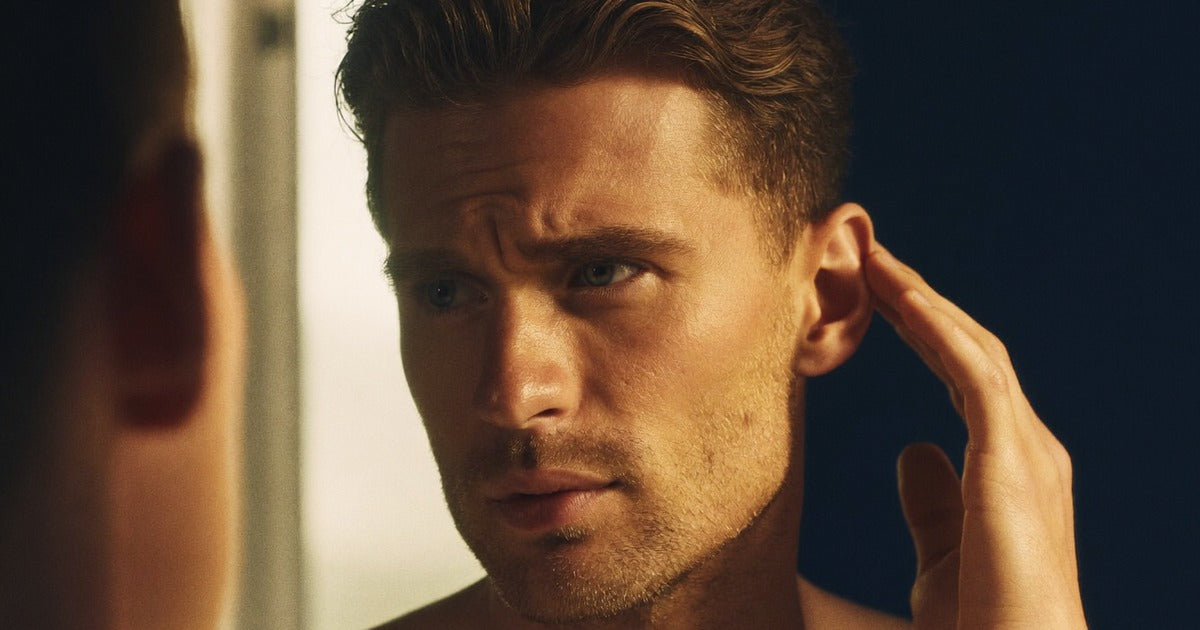 Homme de 32 ans observant ses tempes degarnies dans un miroir — debut de chute de cheveux