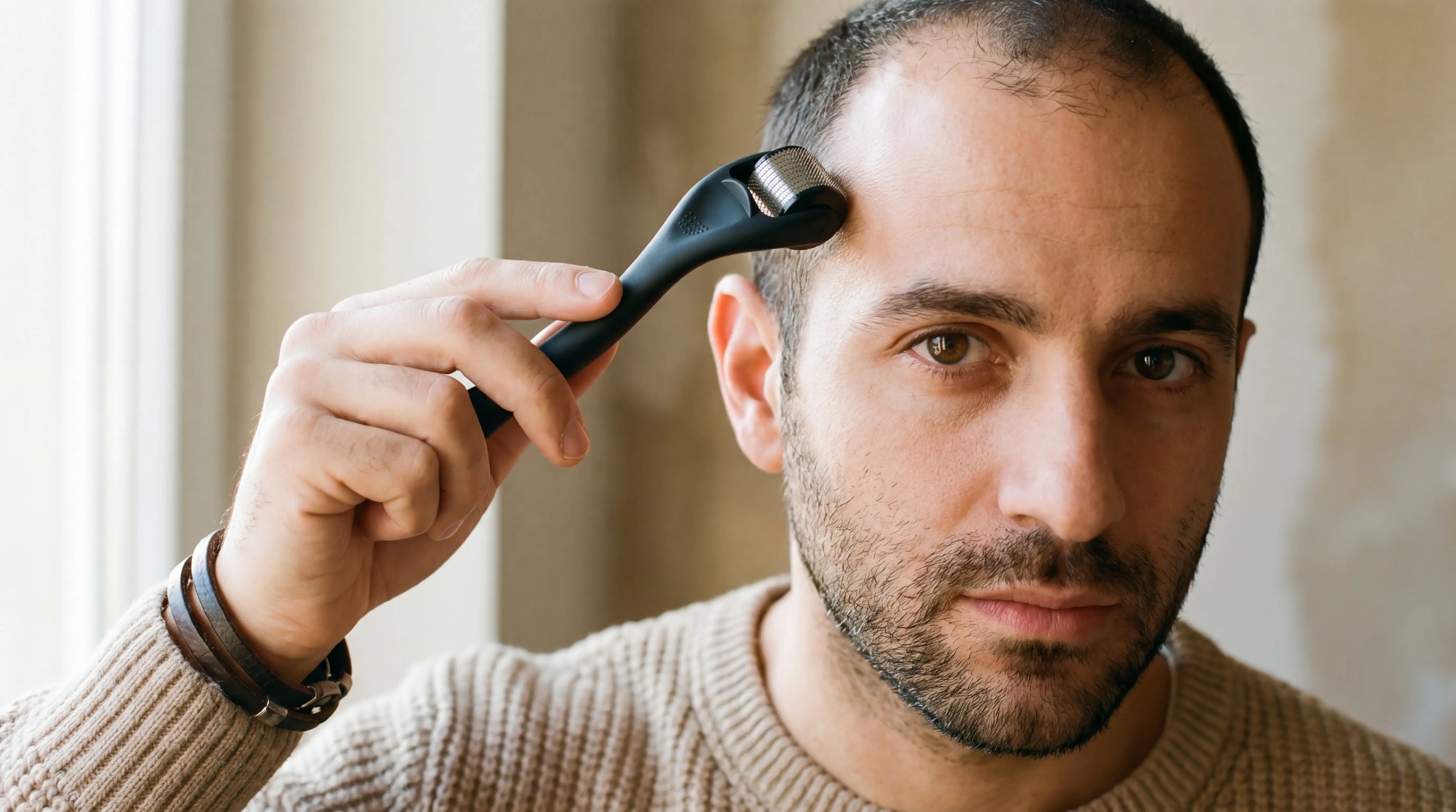 Homme 28 ans utilisant un dermaroller 0,5 mm sur cuir chevelu, golfes temporaux Norwood 2, lumière naturelle premium