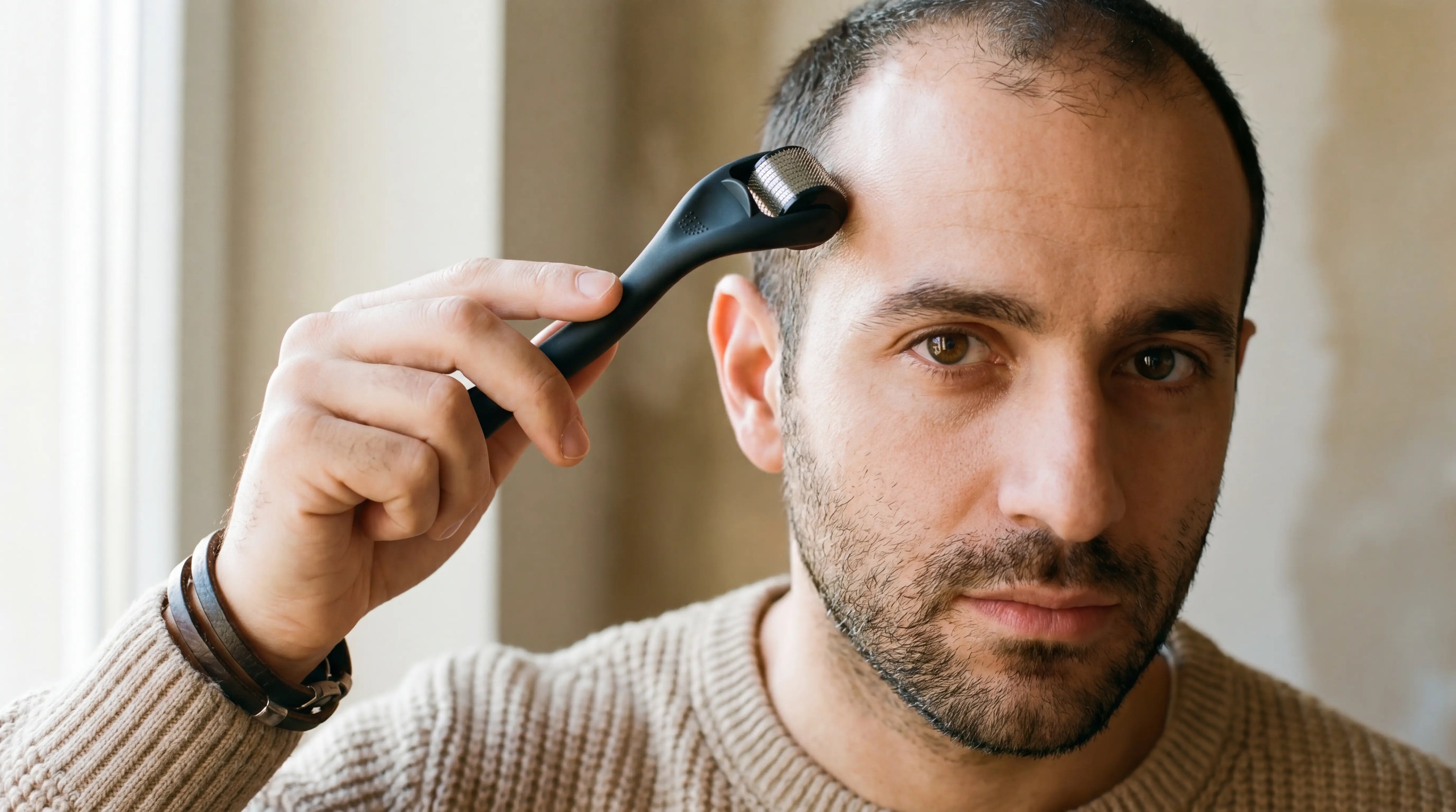 Homme 28 ans utilisant un dermaroller 0,5 mm sur cuir chevelu, golfes temporaux Norwood 2, lumière naturelle premium