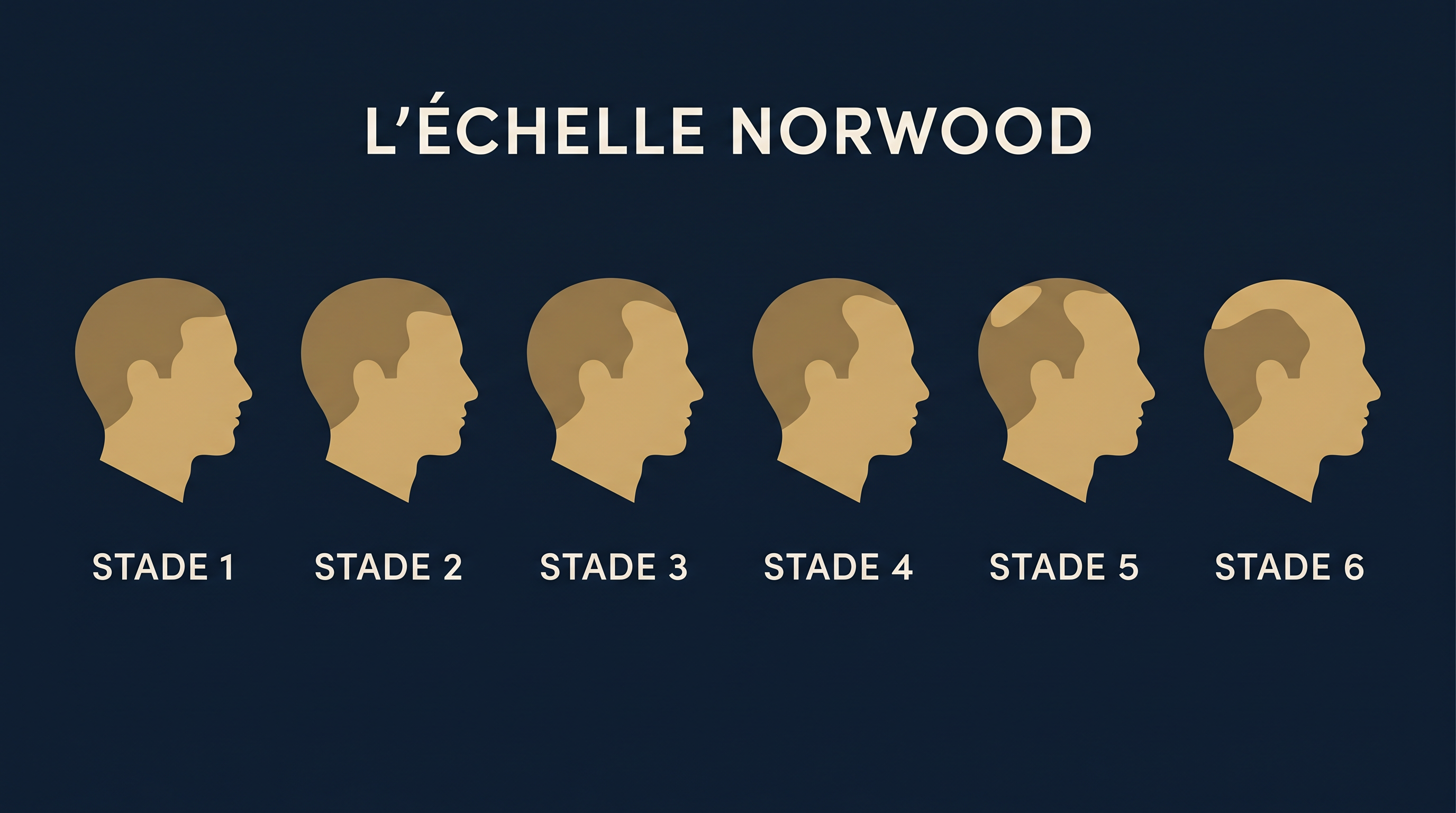 L'échelle Norwood de la chute de cheveux masculine, du stade 1 au stade 7, avec recul progressif des tempes et du vertex