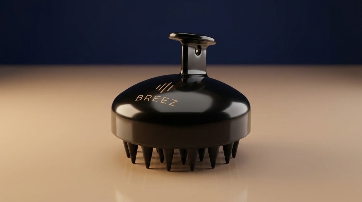 Brosse de massage cuir chevelu BREEZ en silicone noir avec logo BREEZ doré sur le dôme, sur fond premium navy et beige