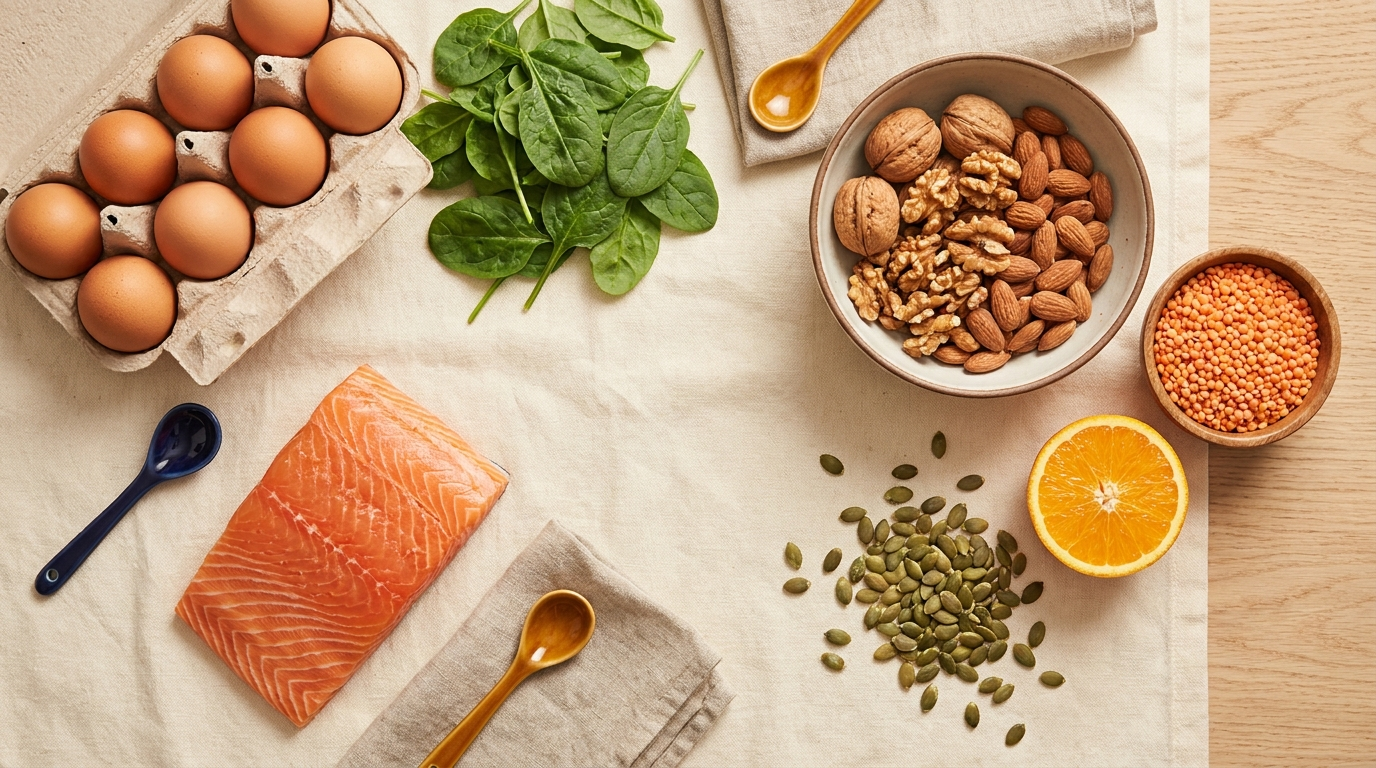 Aliments bons pour les cheveux des hommes : oeufs, epinards, saumon, noix, lentilles, orange et graines de courge