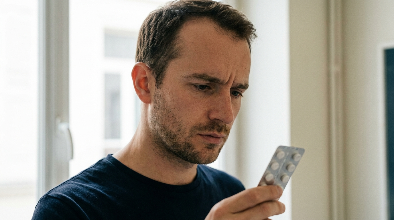 Homme hésitant face au finastéride et ses effets secondaires