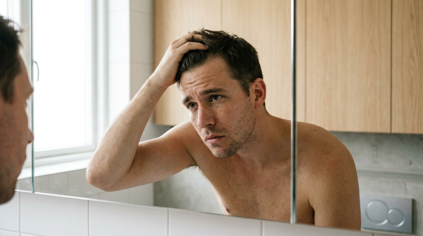 Homme d'environ 28 ans dans sa salle de bain le matin, passant la main dans ses cheveux à la racine