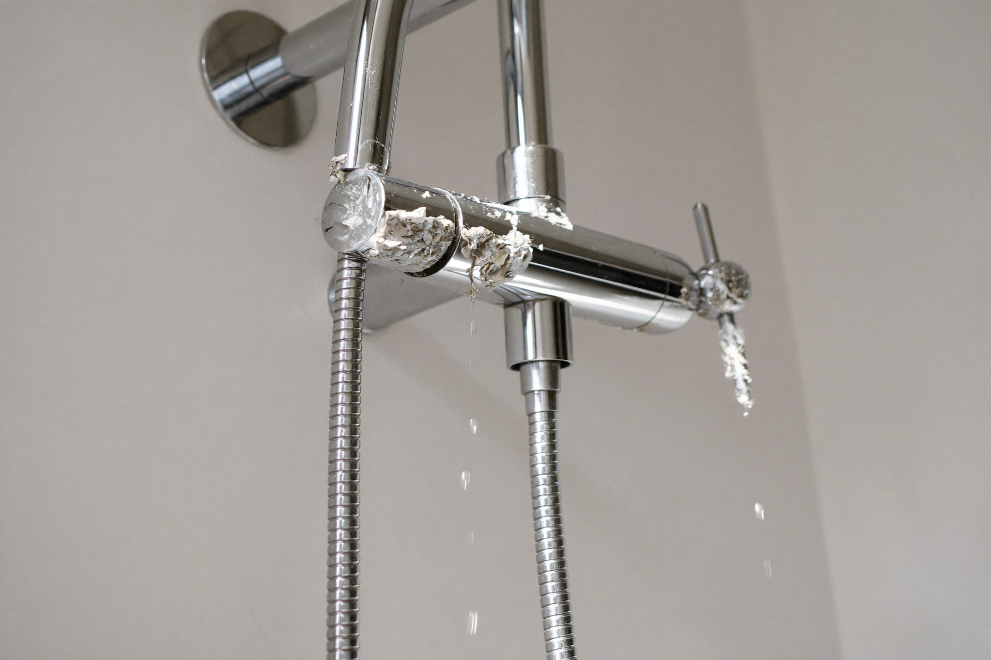 Pommeau de douche chromé recouvert de dépôts blancs de calcaire, gouttes d'eau en suspension, salle de bain lumineuse