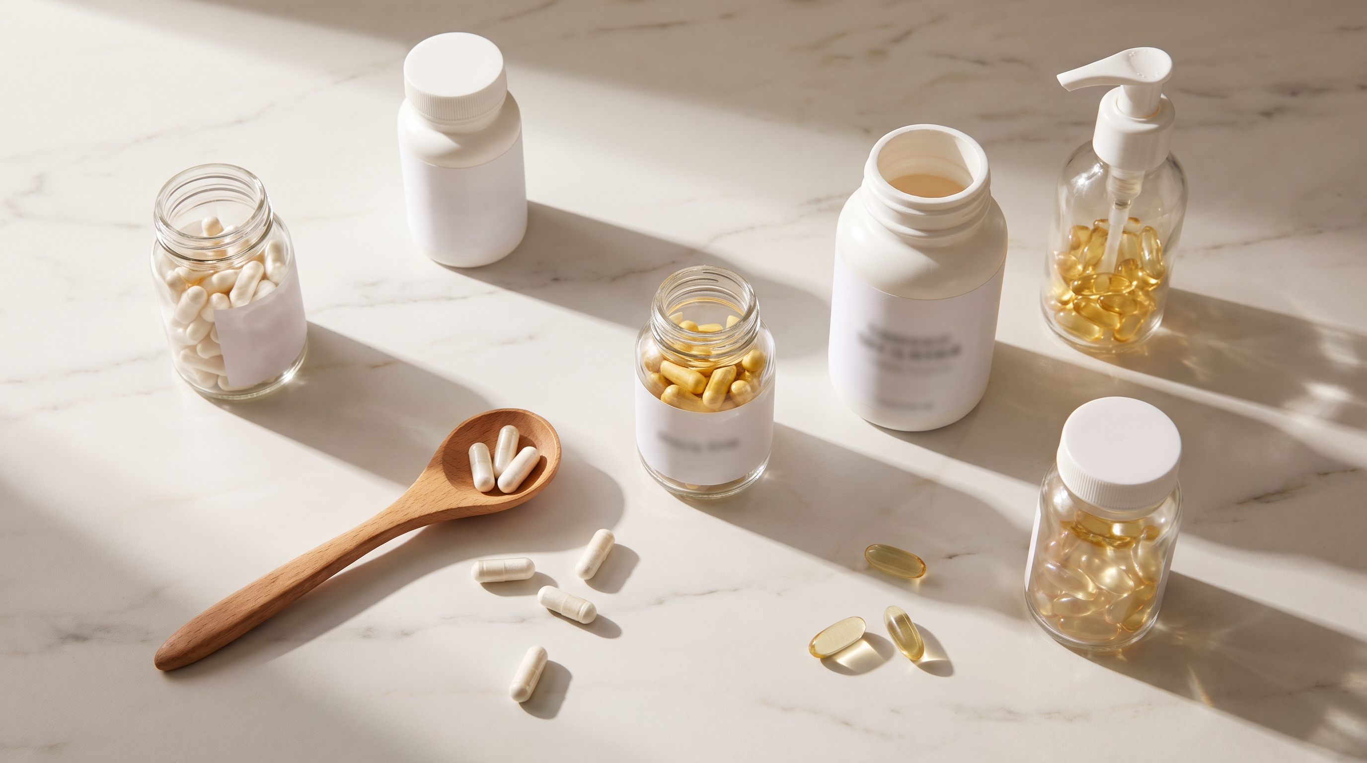 Flat lay de plusieurs flacons et piluliers de compléments alimentaires génériques sur un plan de marbre clair, gélules éparpillées, lumière naturelle
