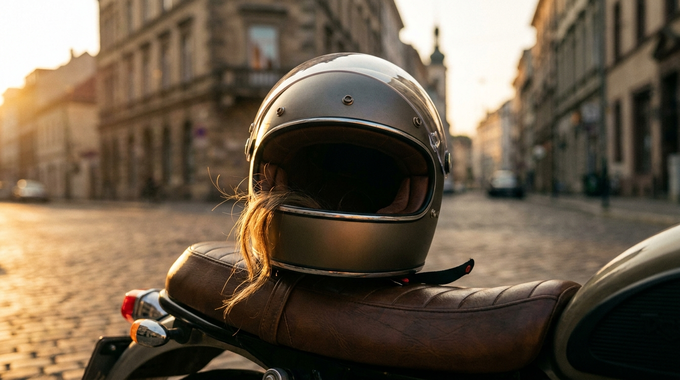 Casque de moto posé sur la selle en fin de journée, lumière dorée, mèche de cheveux visible près de la jugulaire