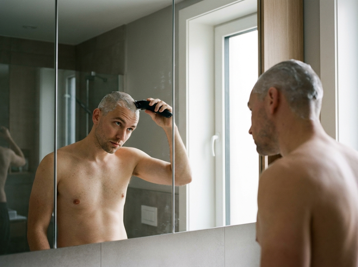 Homme se rasant le crâne à la tondeuse devant un miroir de salle de bain, lumière naturelle du matin
