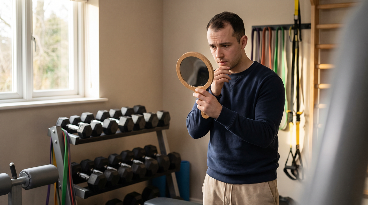 Homme en salle de sport à domicile, torse nu près des poids, qui observe ses golfes dans un petit miroir, lumière naturelle du matin