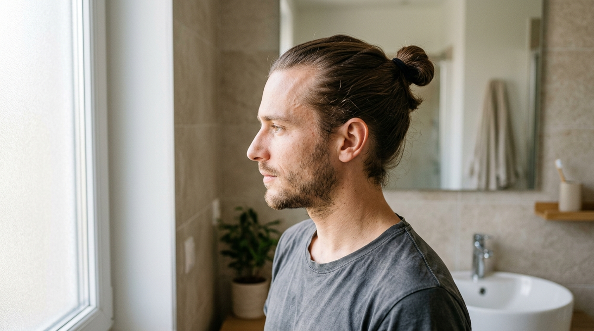 Homme aux cheveux mi-longs, chignon serré, de profil dans une salle de bain lumineuse, tempes dégagées