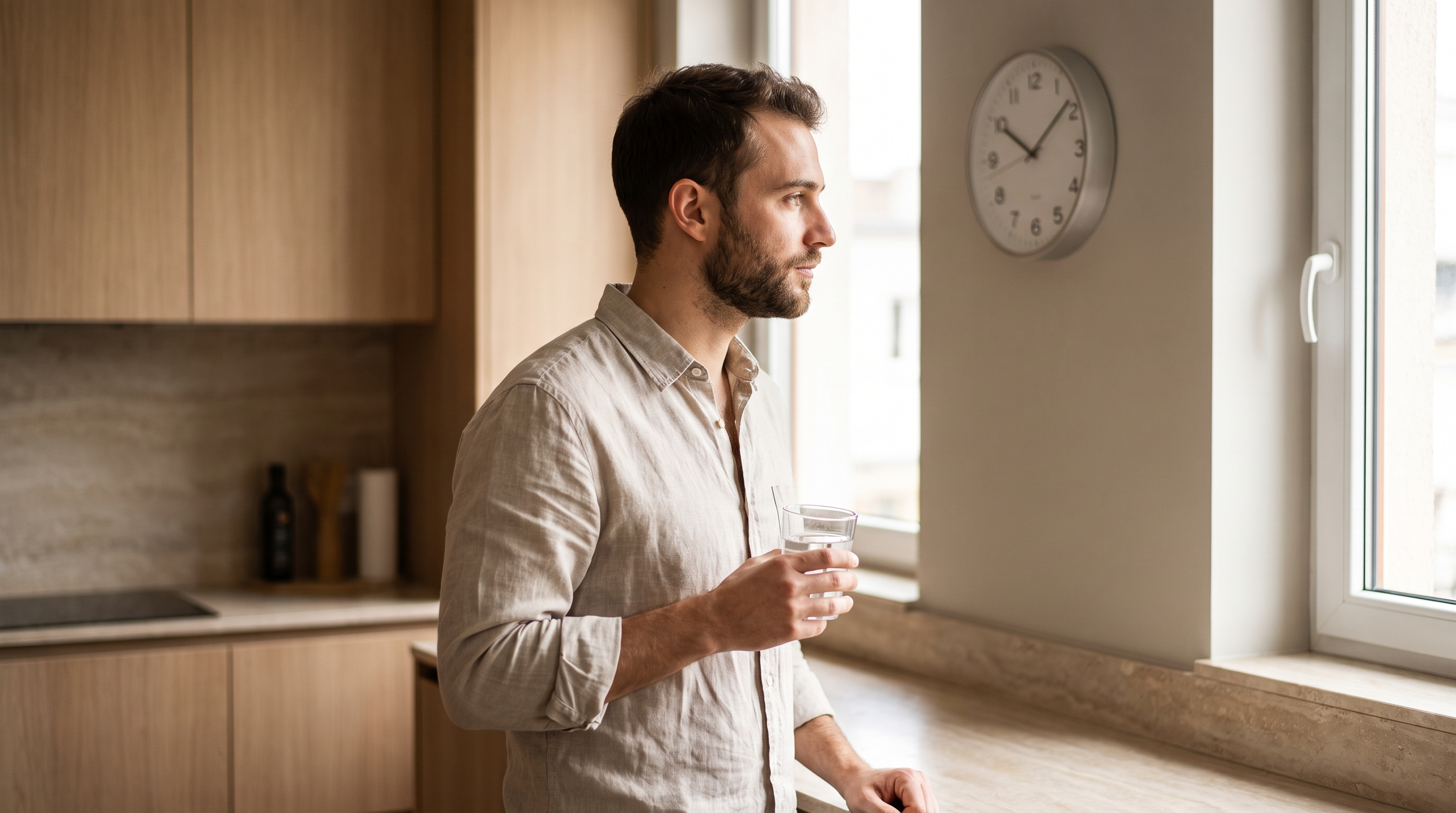 Homme assis dans une cuisine lumineuse le matin, un verre d'eau à la main, regarde l'heure