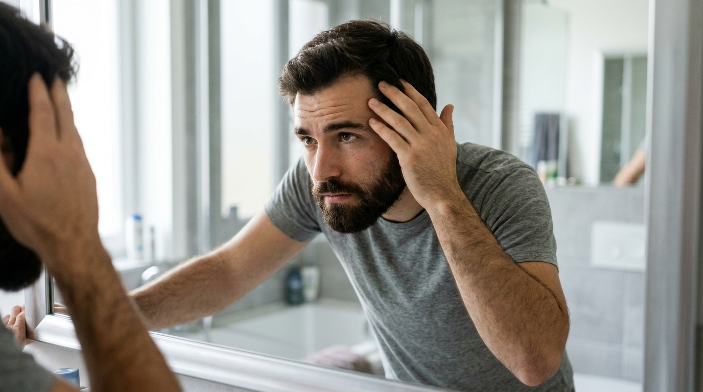 Homme barbu qui examine ses tempes dans un miroir de salle de bain lumineuse