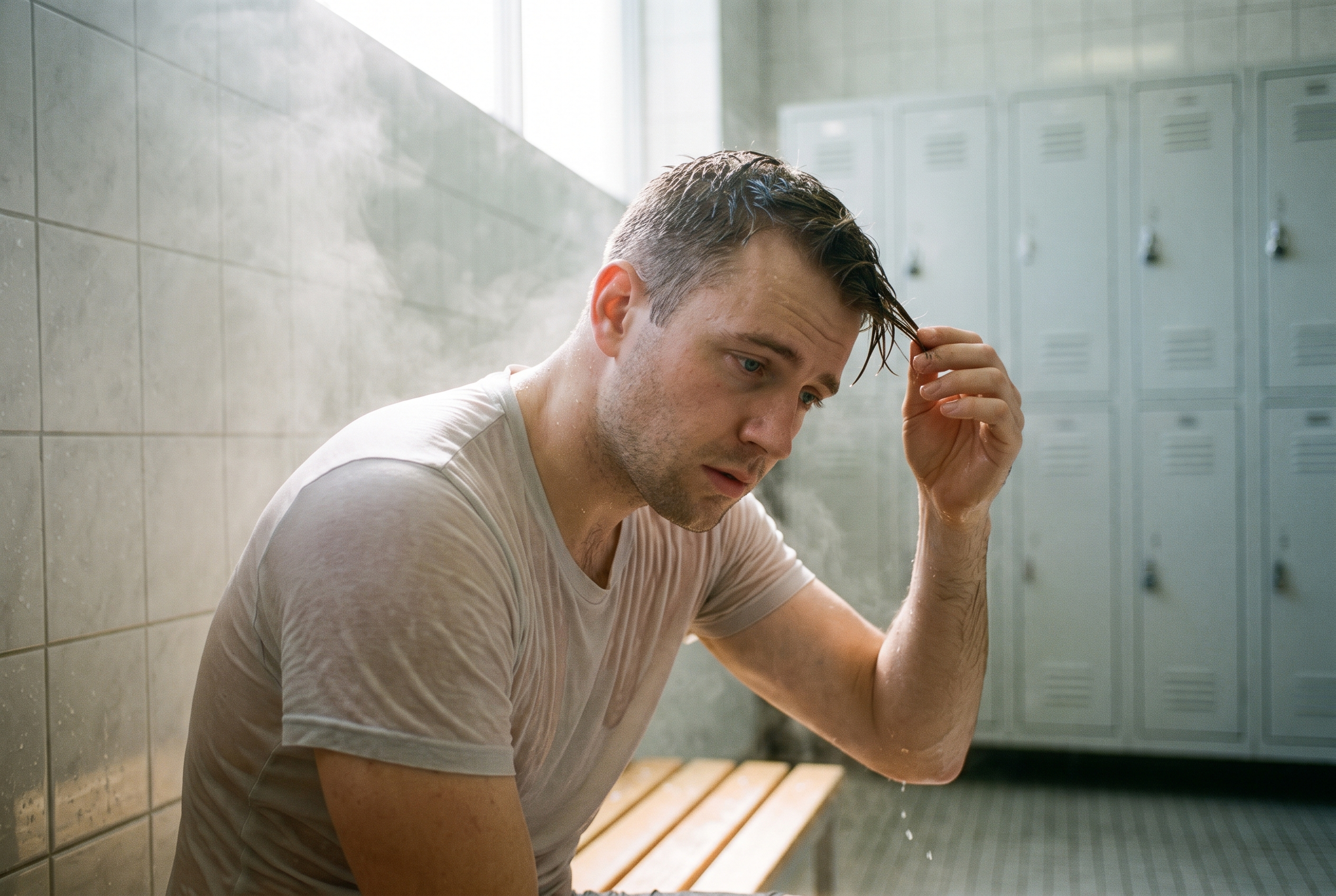Homme aux vestiaires d'une piscine, cheveux mouillés, qui observe des mèches entre ses doigts