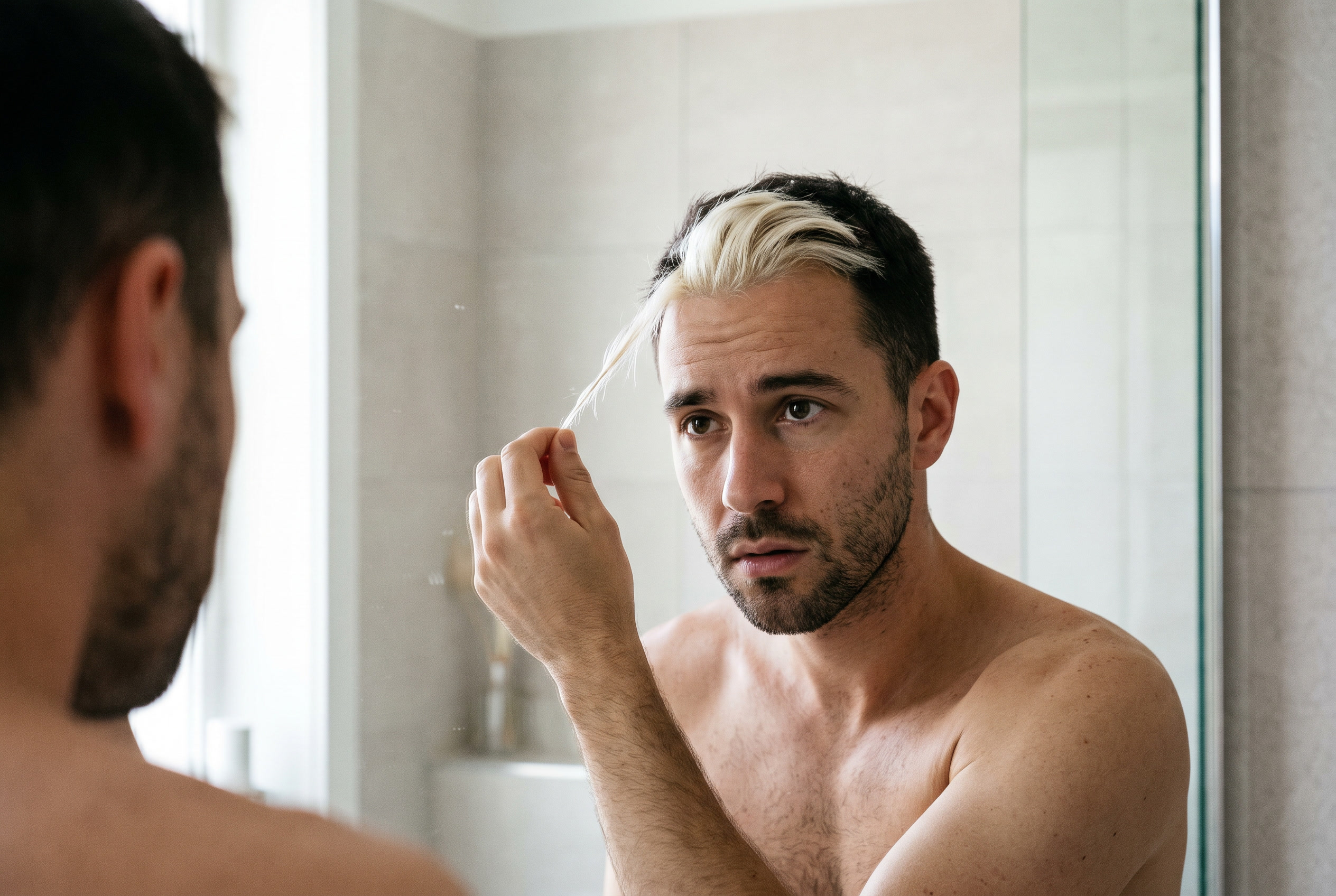 Homme qui observe une mèche de cheveux fraîchement décolorée entre ses doigts, devant un miroir de salle de bain
