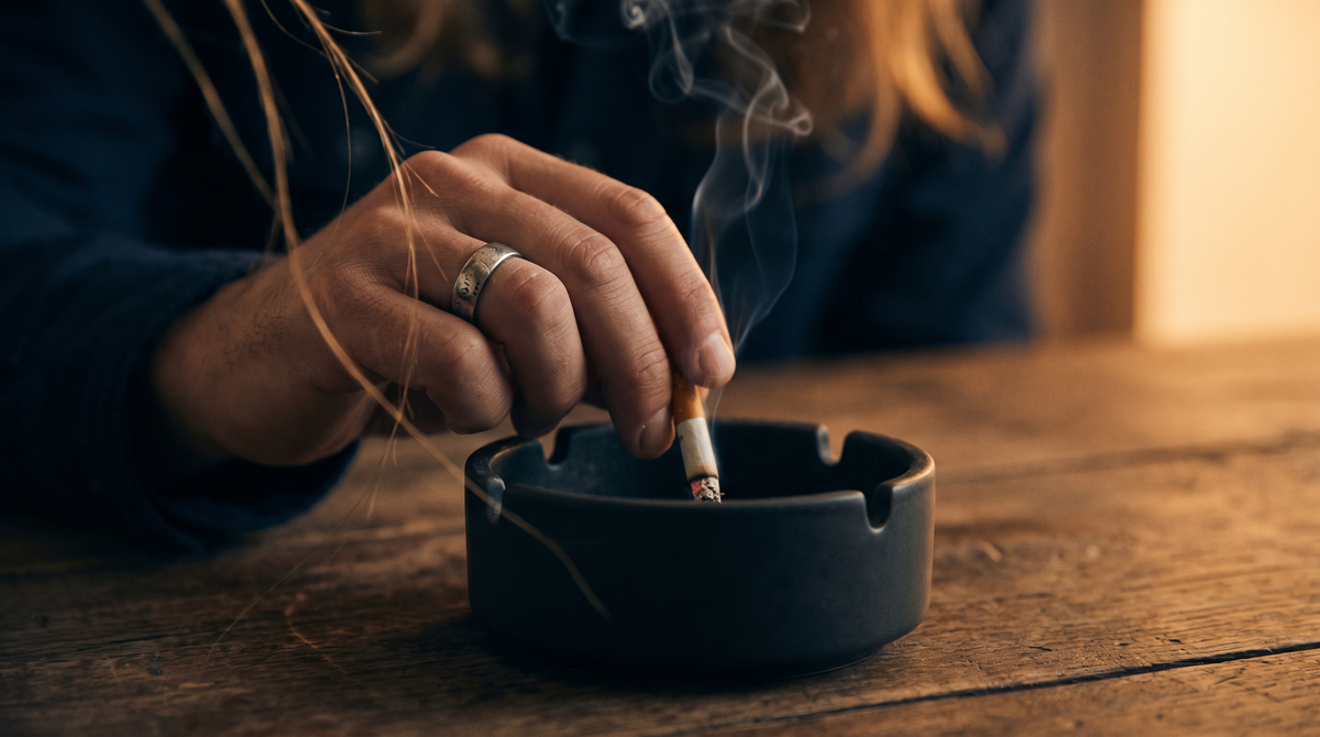 Main d'homme écrasant une cigarette dans un cendrier sombre, lumière ambre tamisée