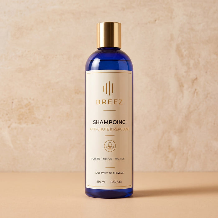 Flacon du Shampoing anti-chute BREEZ posé sur du travertin