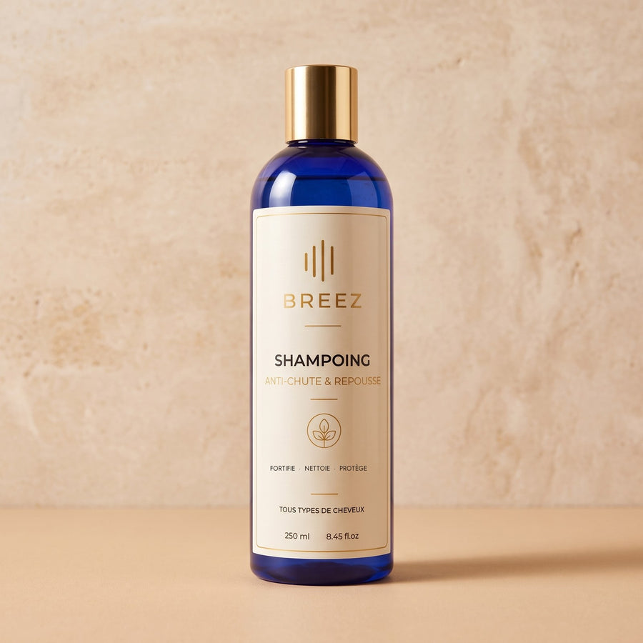 Flacon du Shampoing anti-chute BREEZ posé sur du travertin