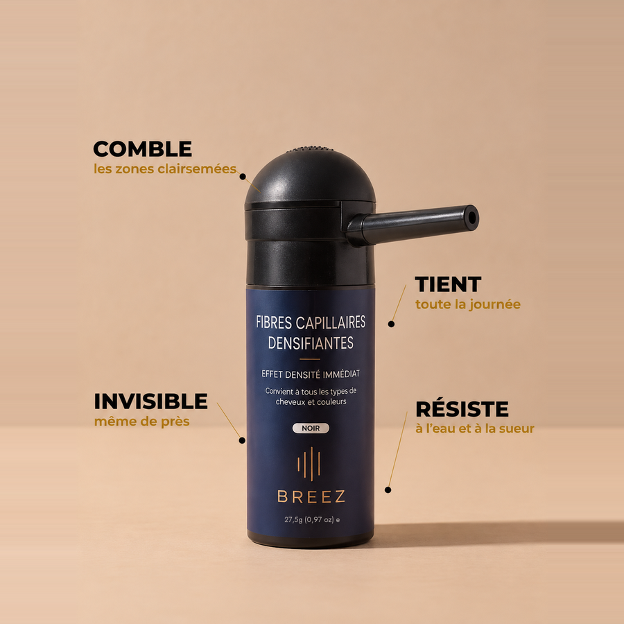 Poudre densifiante BREEZ, flacon applicateur, et ses quatre bénéfices : comble, tient, invisible, résiste