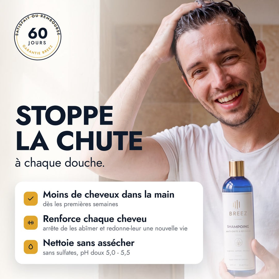Homme sous la douche qui se lave les cheveux avec le Shampoing BREEZ