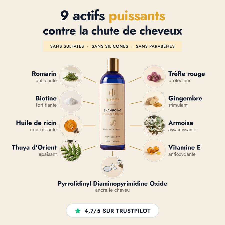 Les 9 actifs du Shampoing BREEZ : romarin, biotine, huile de ricin, thuya d'Orient, trèfle rouge, gingembre, armoise, vitamine E et Pyrrolidinyl Diaminopyrimidine Oxide