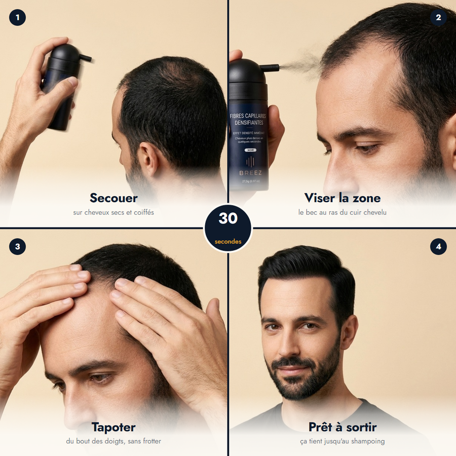 Les quatre gestes sur cheveux noirs : secouer le flacon, viser la zone avec le bec, tapoter du bout des doigts, prêt à sortir, en 30 secondes