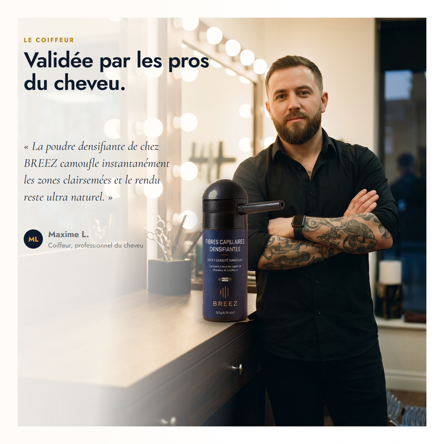 Maxime L., coiffeur, et la poudre densifiante BREEZ posée sur son plan de travail