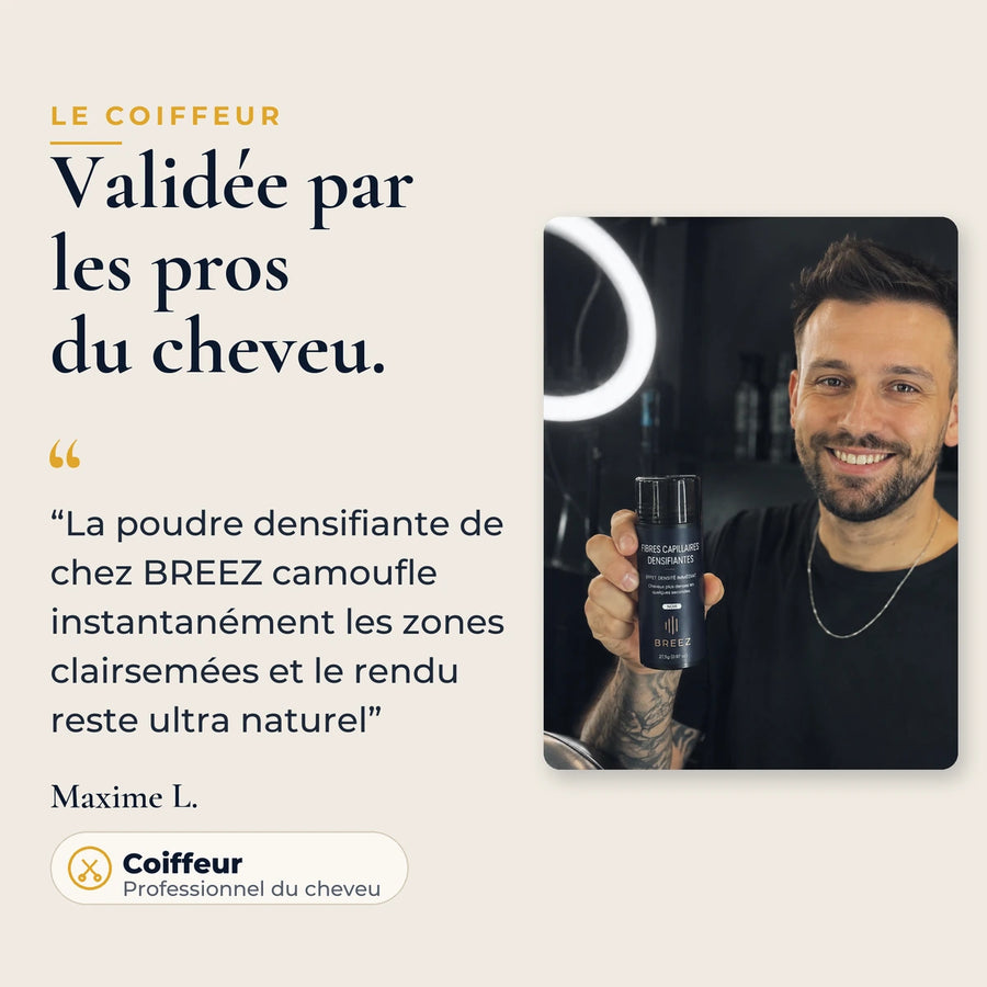 Maxime L., coiffeur, tient la poudre densifiante BREEZ dans son salon