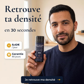 Homme tenant la poudre densifiante BREEZ, 0,42 € par jour, garantie 90 jours