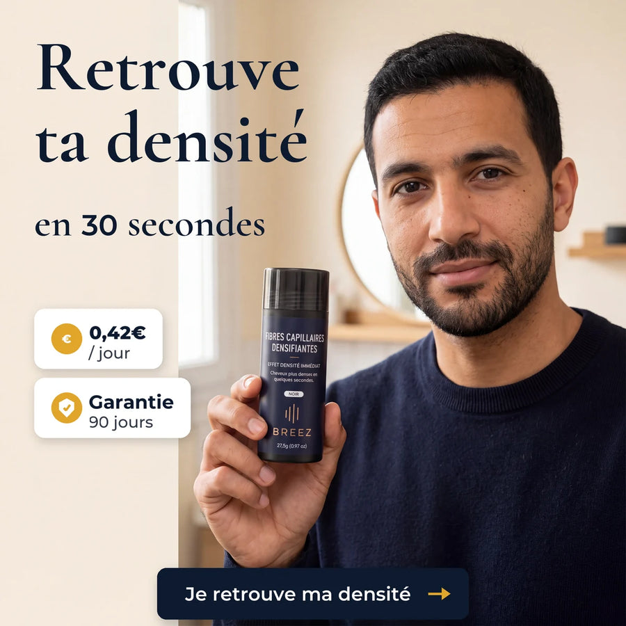 Homme tenant la poudre densifiante BREEZ, 0,42 € par jour, garantie 90 jours
