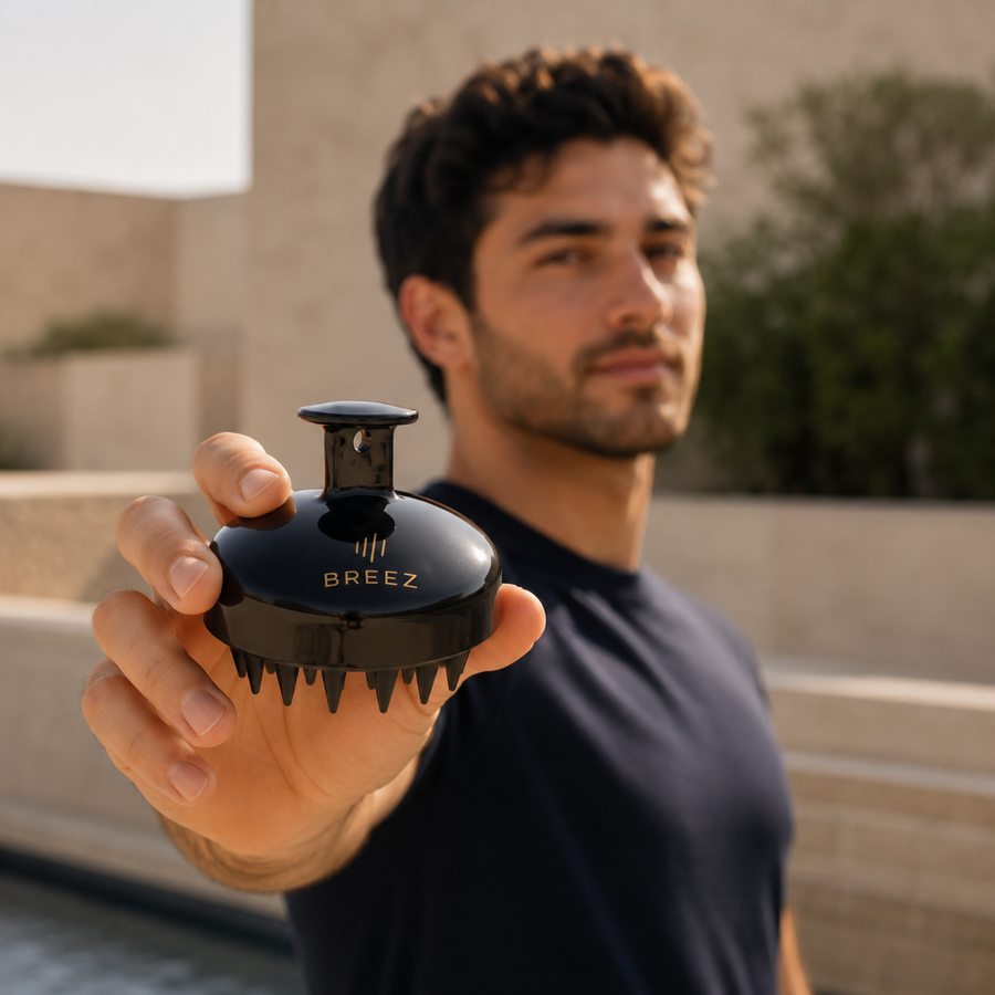 Homme présentant la brosse de massage cuir chevelu BREEZ