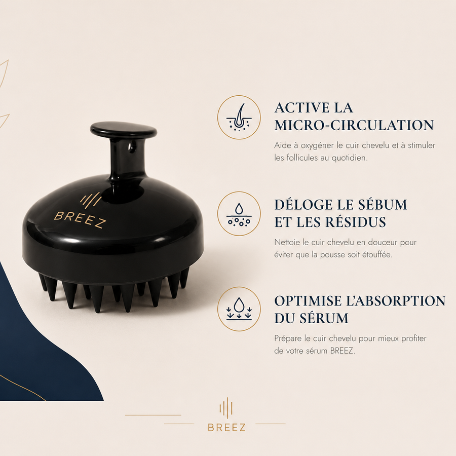 Bénéfices de la brosse BREEZ : stimule le cuir chevelu, déloge le sébum, optimise l'absorption du sérum