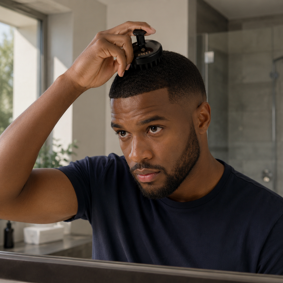 Homme utilisant la brosse de massage du cuir chevelu BREEZ