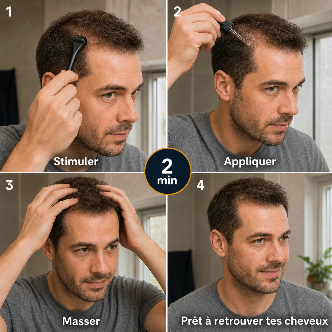 La routine BREEZ en 2 minutes, en 4 étapes : stimuler au dermaroller, appliquer le sérum à la pipette, masser le cuir chevelu, prêt à retrouver tes cheveux