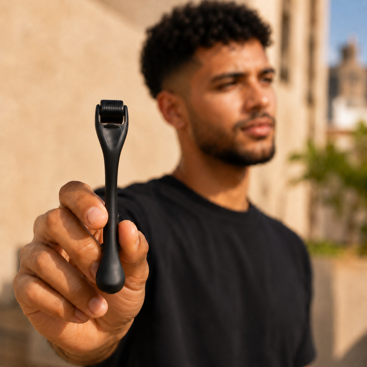 Homme présentant le dermaroller anti-chute BREEZ