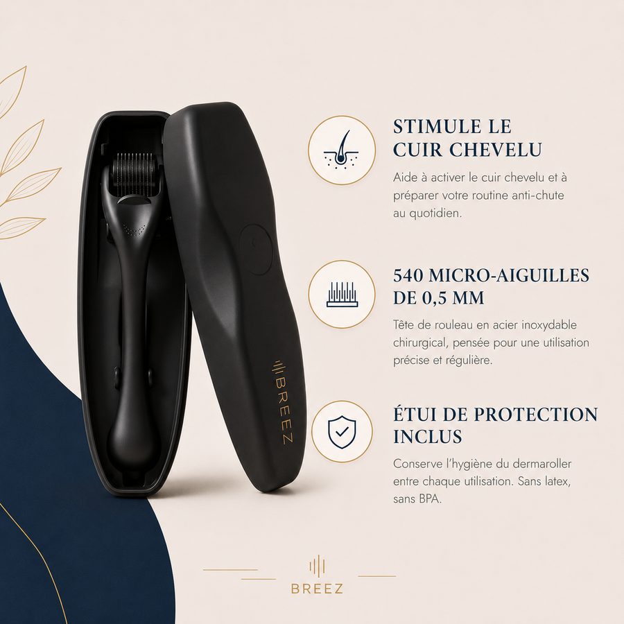 Bénéfices du dermaroller BREEZ : stimule le cuir chevelu, 540 micro-aiguilles 0,5 mm, étui de protection inclus