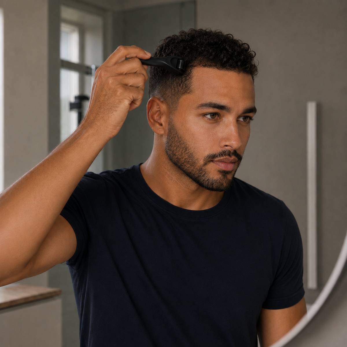 Homme utilisant le dermaroller BREEZ sur le cuir chevelu
