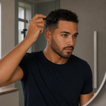 Homme utilisant le dermaroller BREEZ sur le cuir chevelu