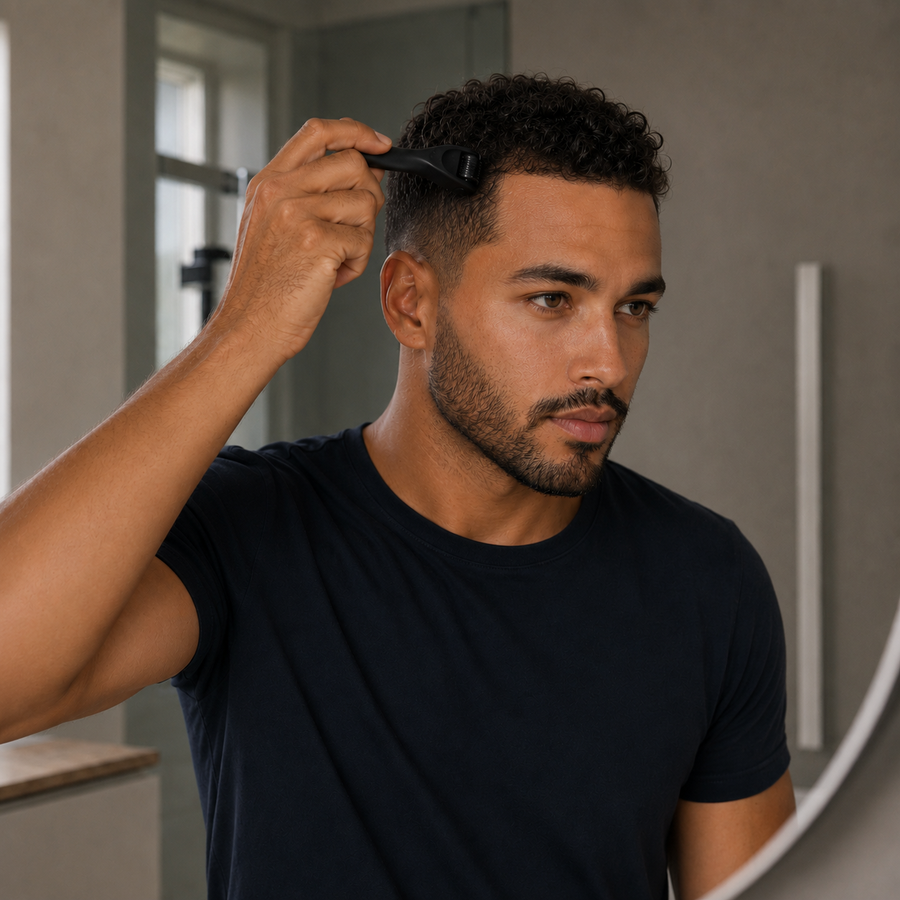 Homme utilisant le dermaroller BREEZ sur le cuir chevelu