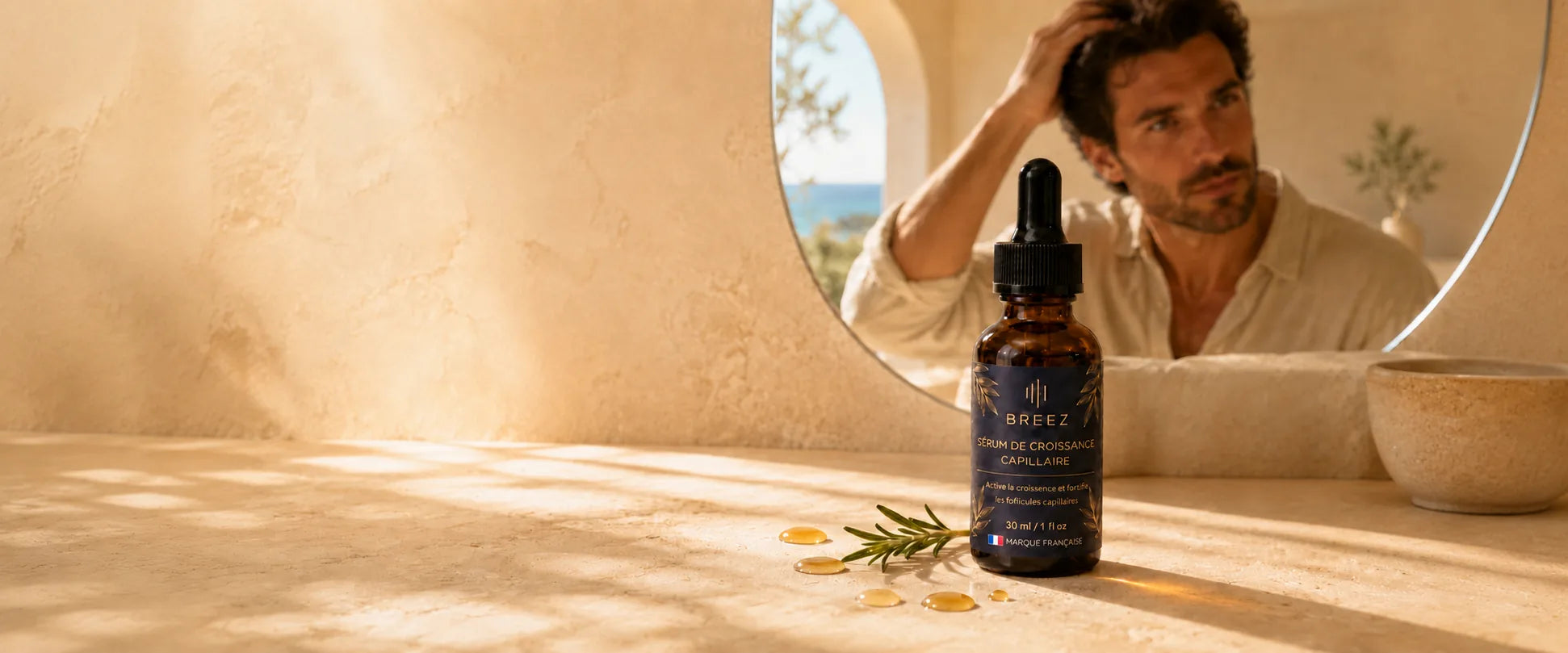 Serum BREEZ sur travertin, salle de bain mediterraneenne, homme se passant la main dans les cheveux dans un miroir rond