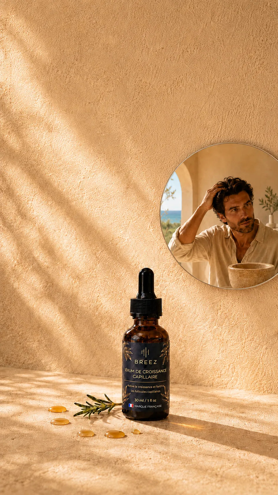 Serum BREEZ sur travertin, salle de bain mediterraneenne, homme se passant la main dans les cheveux dans un miroir rond
