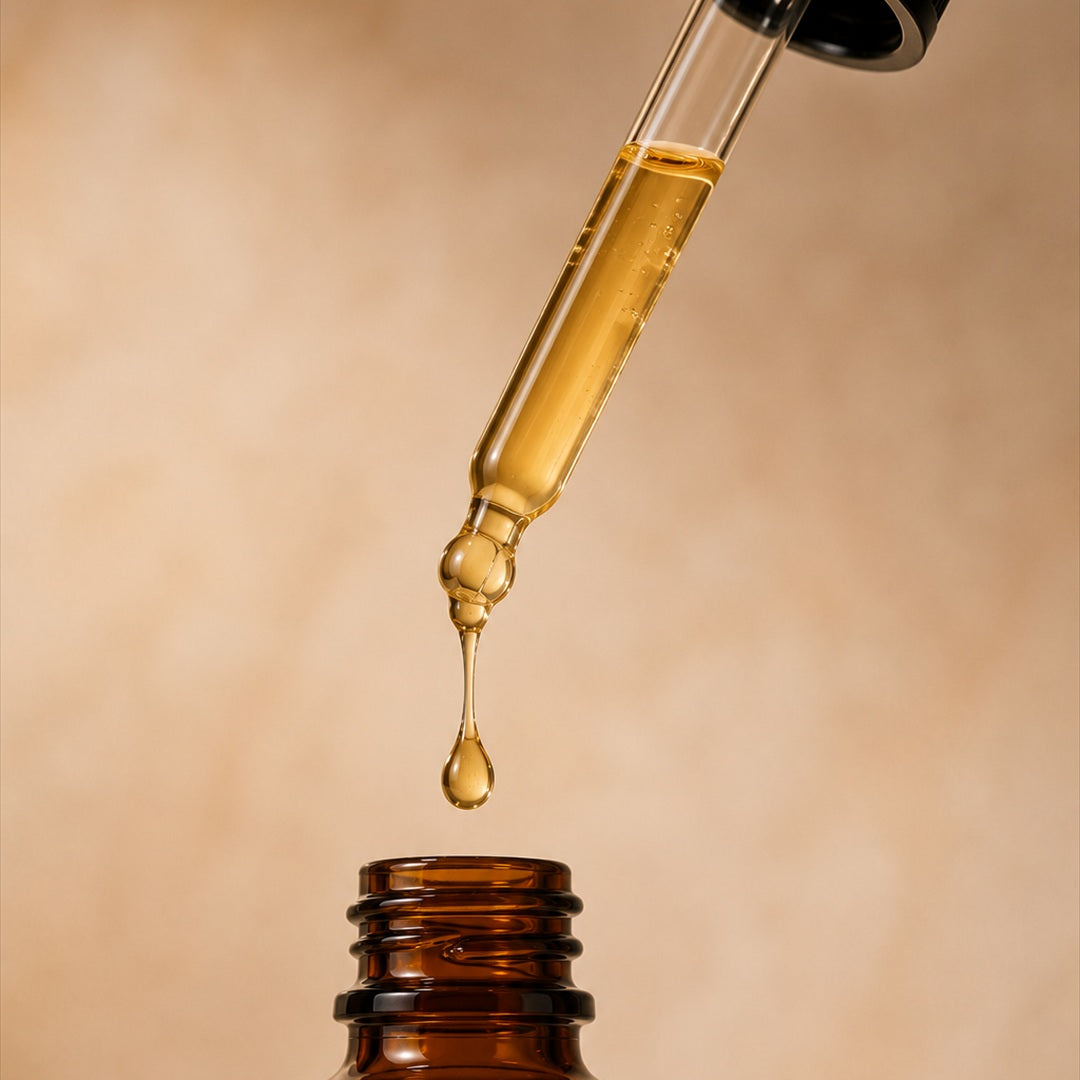 Gros plan de la pipette du sérum BREEZ déposant une goutte d'huile dorée