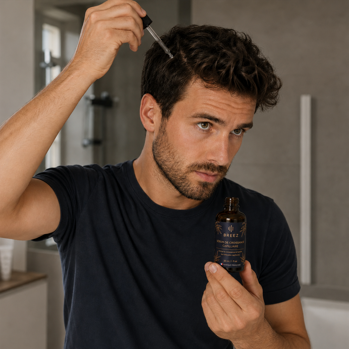 Homme appliquant le sérum anti-chute BREEZ à la pipette sur son cuir chevelu