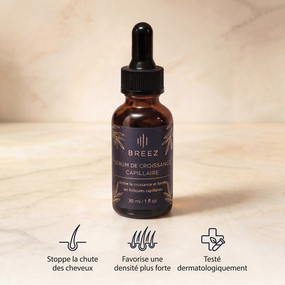 Sérum anti-chute et repousse cheveux homme BREEZ — flacon 30 ml avec pipette