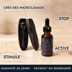 Le dermaroller BREEZ crée des micro-canaux pour que le sérum atteigne la racine : stoppe la chute, active la repousse, stimule le cuir chevelu, garantie 60 jours